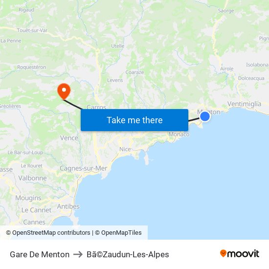 Gare De Menton to Bã©Zaudun-Les-Alpes map