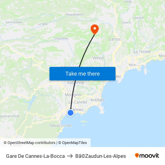 Gare De Cannes-La-Bocca to Bã©Zaudun-Les-Alpes map
