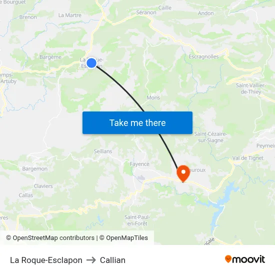 La Roque-Esclapon to Callian map