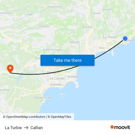 La Turbie to Callian map