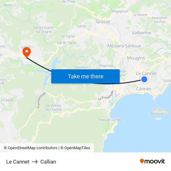 Le Cannet to Callian map