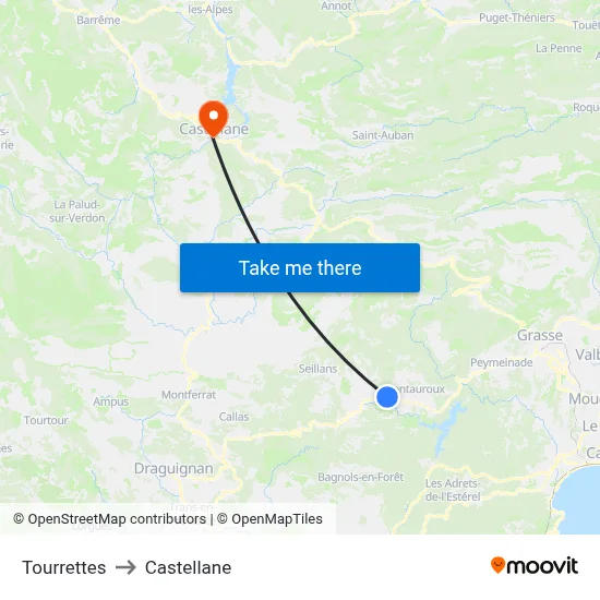 Tourrettes to Castellane map