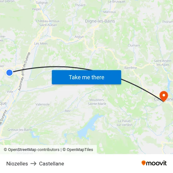 Niozelles to Castellane map