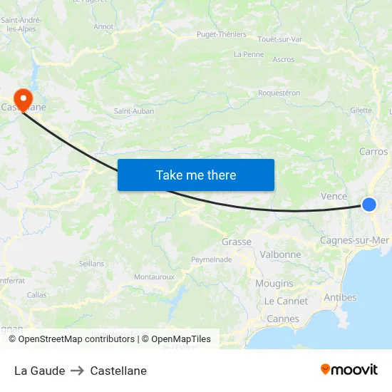 La Gaude to Castellane map