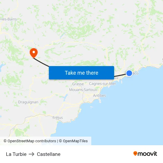 La Turbie to Castellane map
