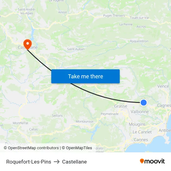 Roquefort-Les-Pins to Castellane map