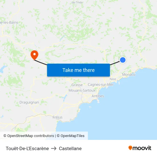 Touët-De-L'Escarène to Castellane map