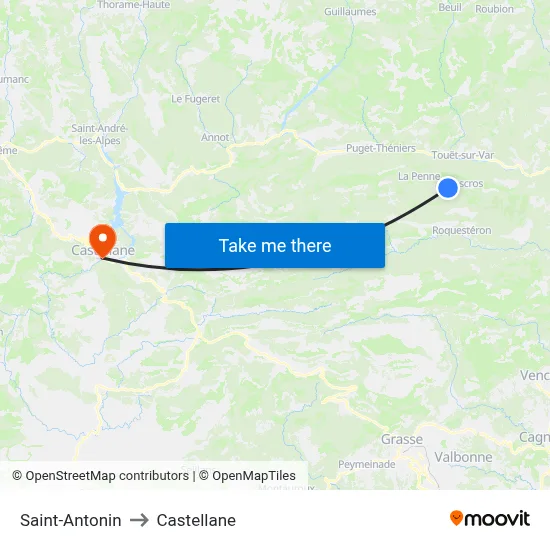 Saint-Antonin to Castellane map
