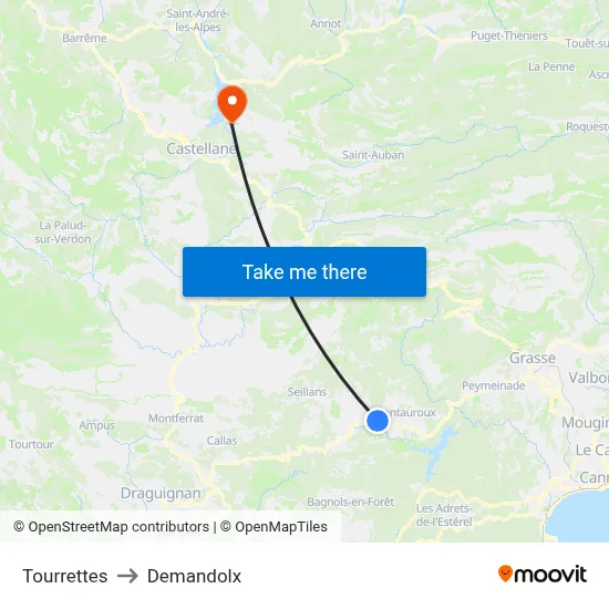 Tourrettes to Demandolx map
