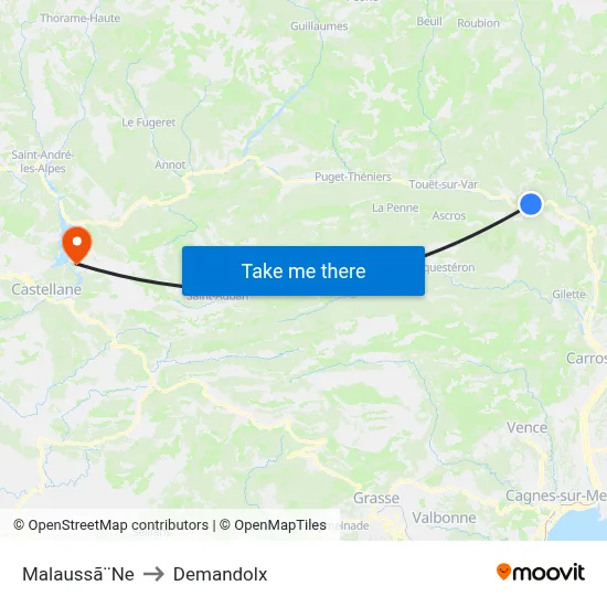 Malaussã¨Ne to Demandolx map