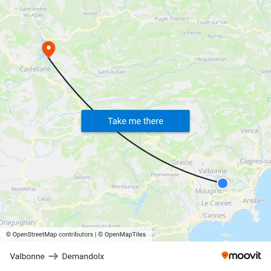 Valbonne to Demandolx map