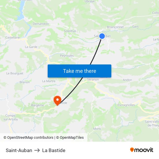 Saint-Auban to La Bastide map