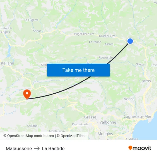 Malaussène to La Bastide map