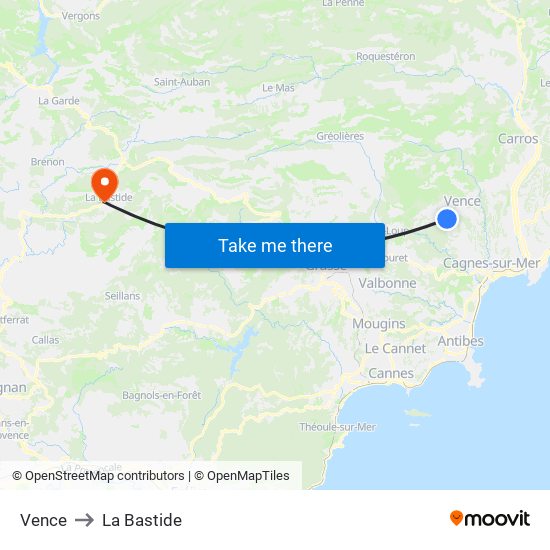 Vence to La Bastide map