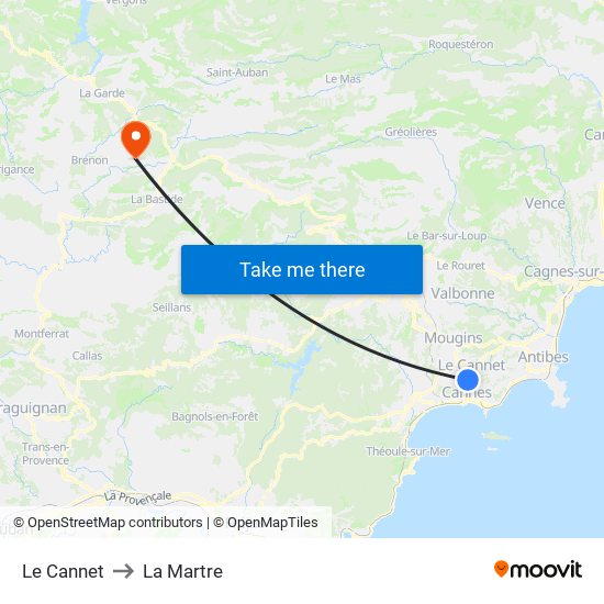 Le Cannet to La Martre map