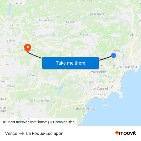 Vence to La Roque-Esclapon map