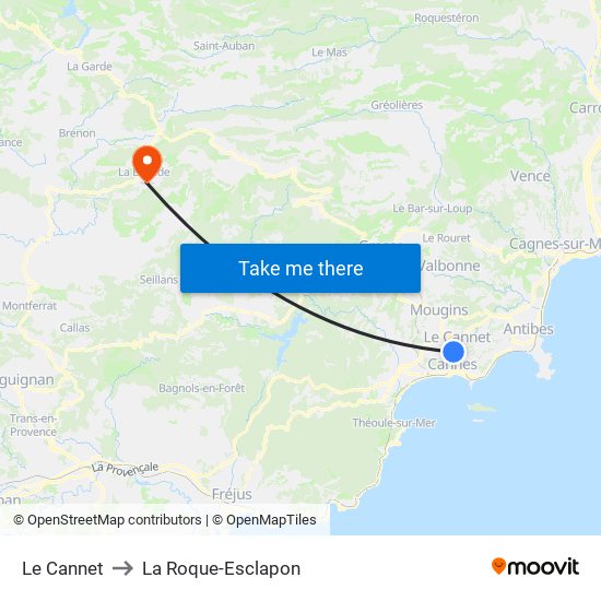 Le Cannet to La Roque-Esclapon map