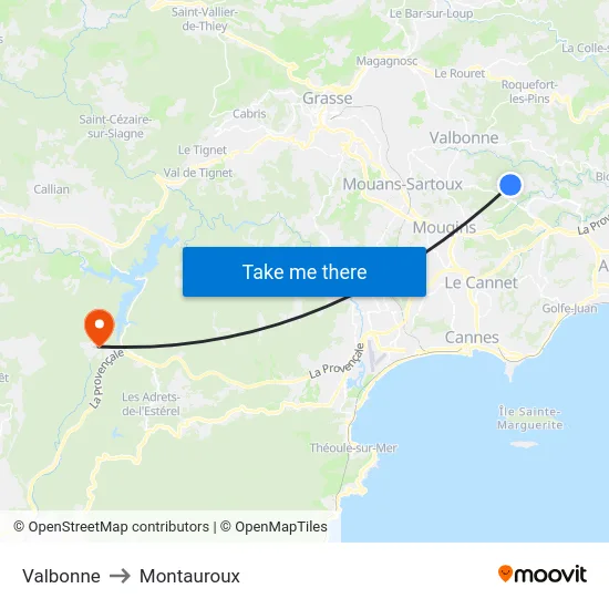 Valbonne to Montauroux map