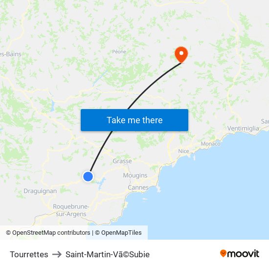 Tourrettes to Saint-Martin-Vã©Subie map