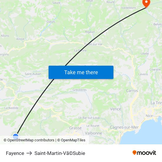 Fayence to Saint-Martin-Vã©Subie map