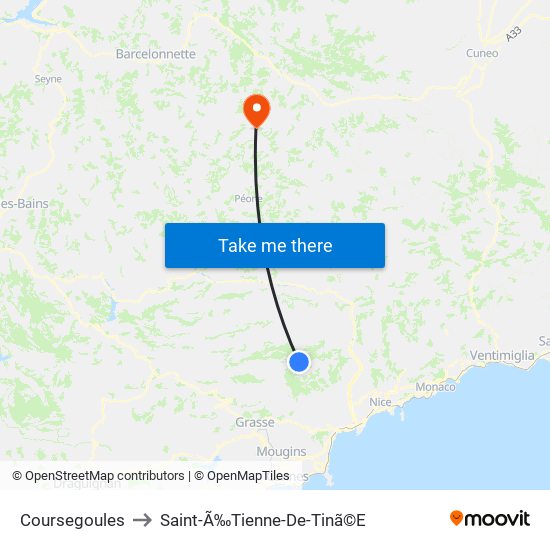 Coursegoules to Saint-Ã‰Tienne-De-Tinã©E map