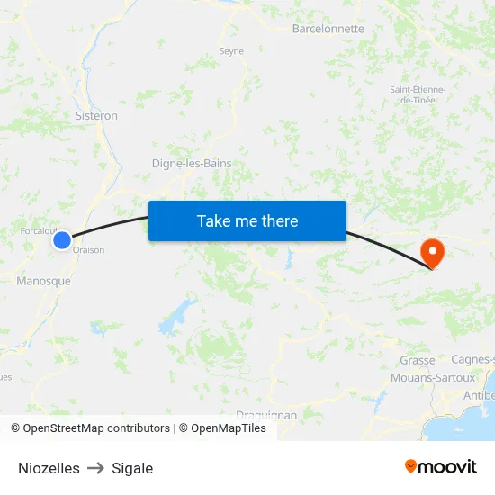 Niozelles to Sigale map