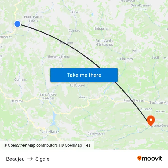 Beaujeu to Sigale map