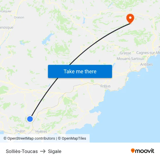 Solliès-Toucas to Sigale map