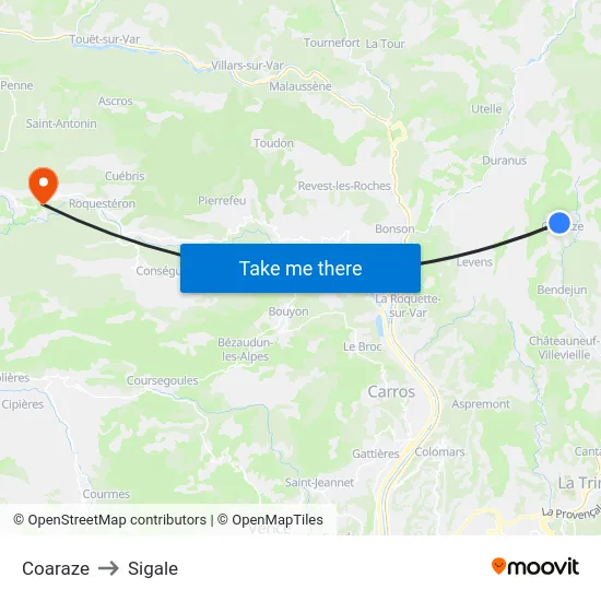 Coaraze to Sigale map