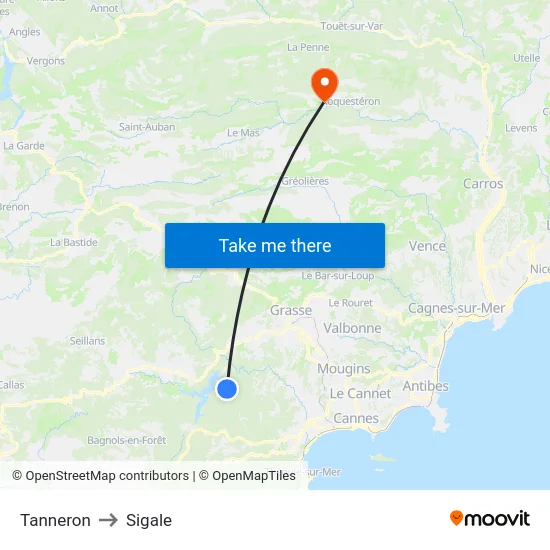 Tanneron to Sigale map