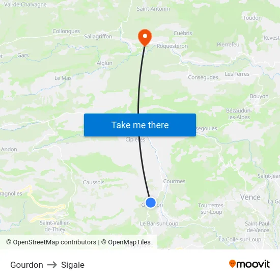 Gourdon to Sigale map