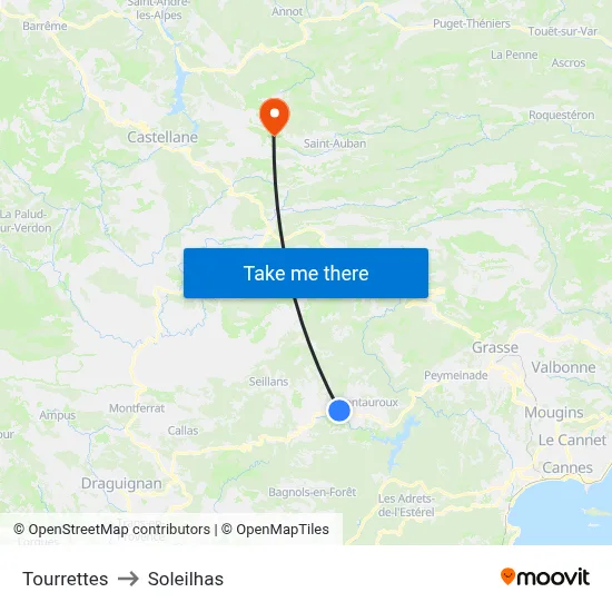 Tourrettes to Soleilhas map