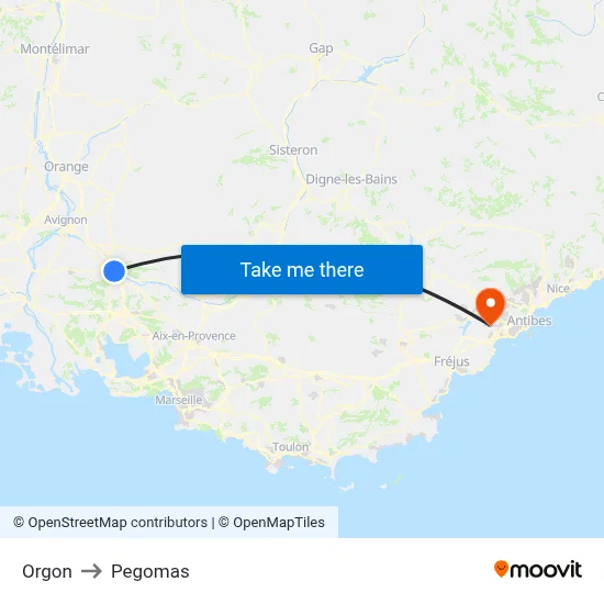 Orgon to Pegomas map