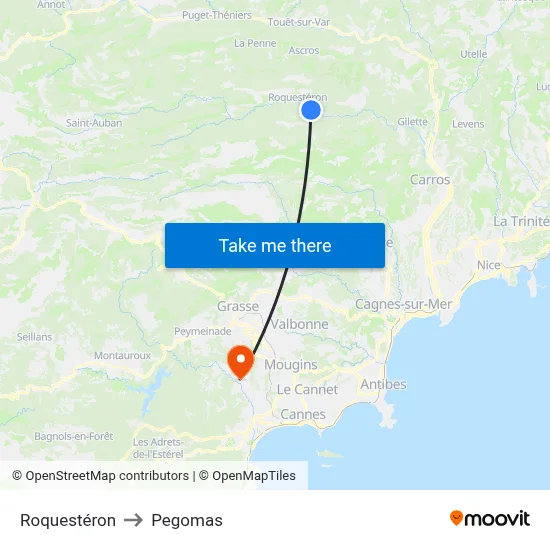Roquestéron to Pegomas map