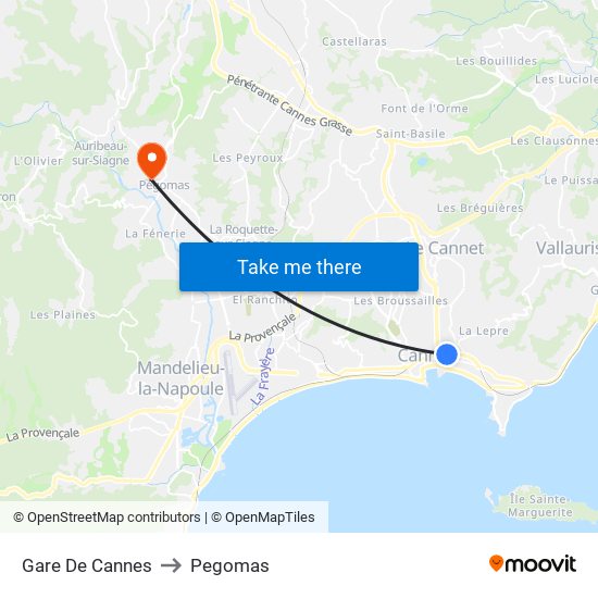 Gare De Cannes to Pegomas map