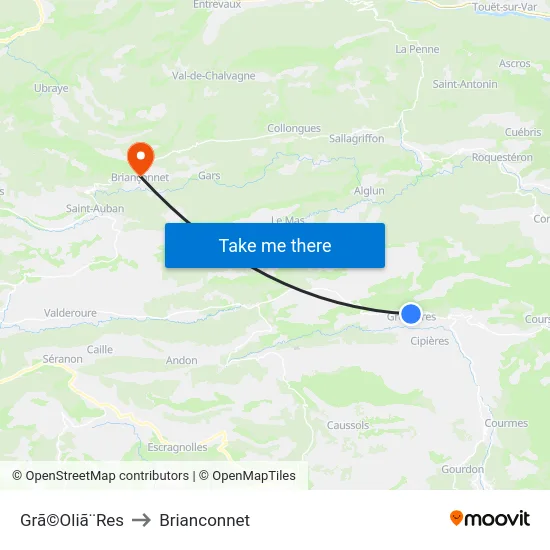 Grã©Oliã¨Res to Brianconnet map