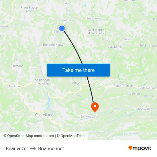 Beauvezer to Brianconnet map