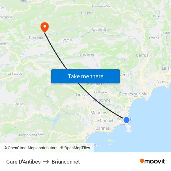 Gare D'Antibes to Brianconnet map
