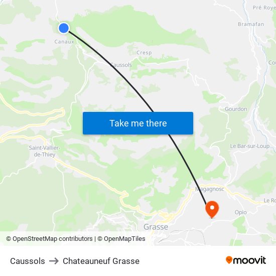 Caussols to Chateauneuf Grasse map