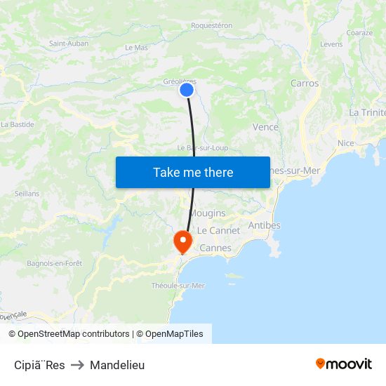 Cipiã¨Res to Mandelieu map