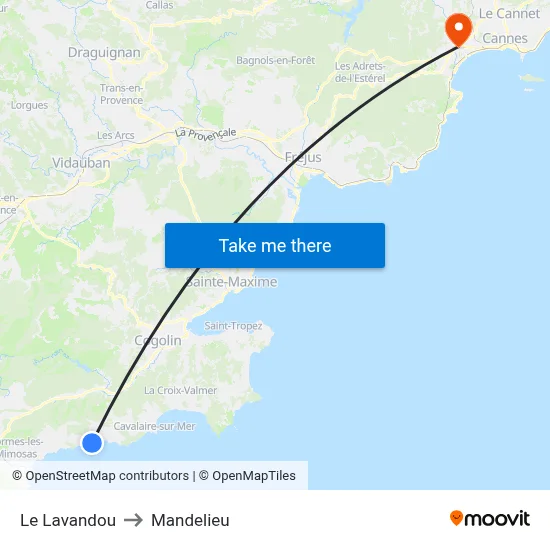 Le Lavandou to Mandelieu map