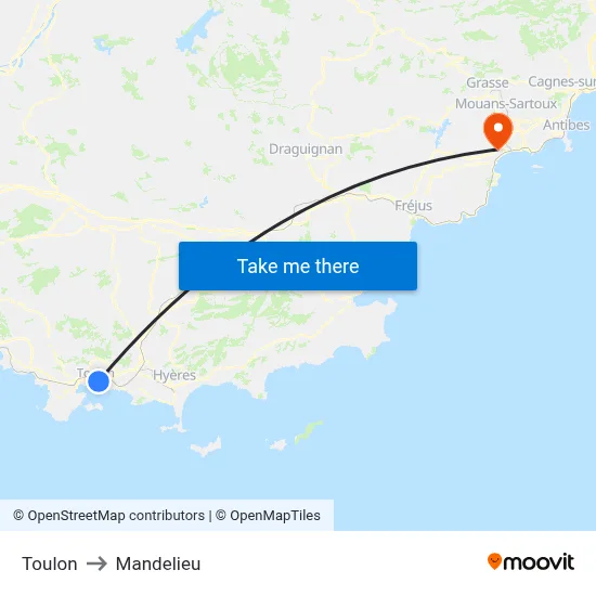 Toulon to Mandelieu map