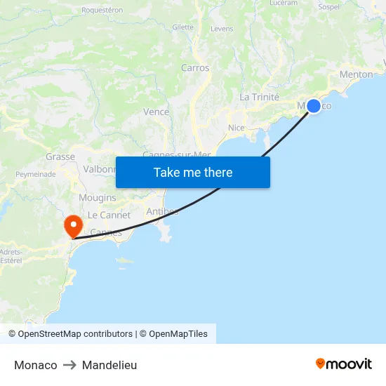 Monaco to Mandelieu map