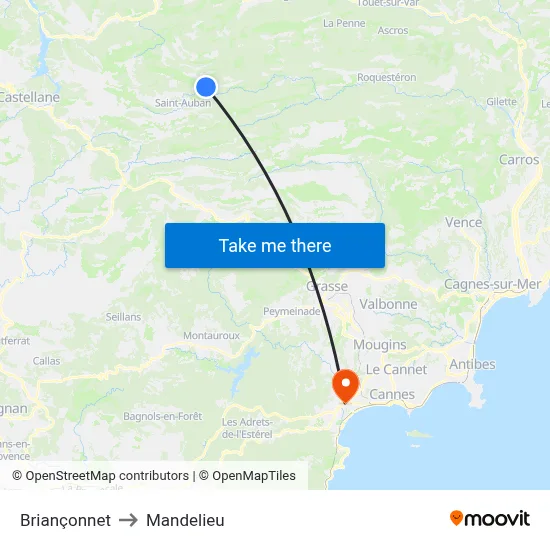 Briançonnet to Mandelieu map