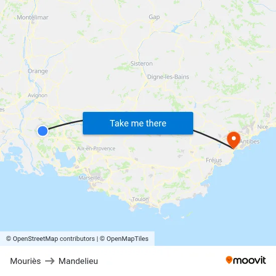 Mouriès to Mandelieu map
