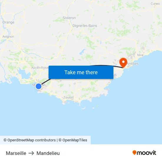Marseille to Mandelieu map