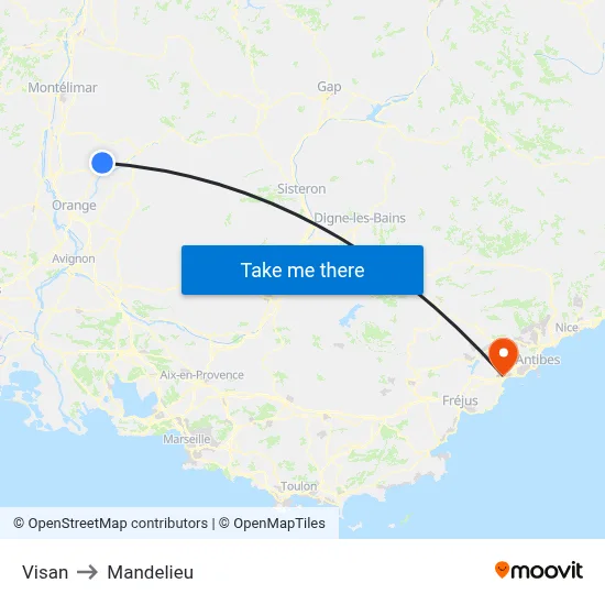 Visan to Mandelieu map