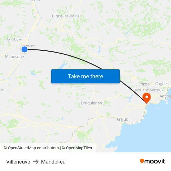 Villeneuve to Mandelieu map