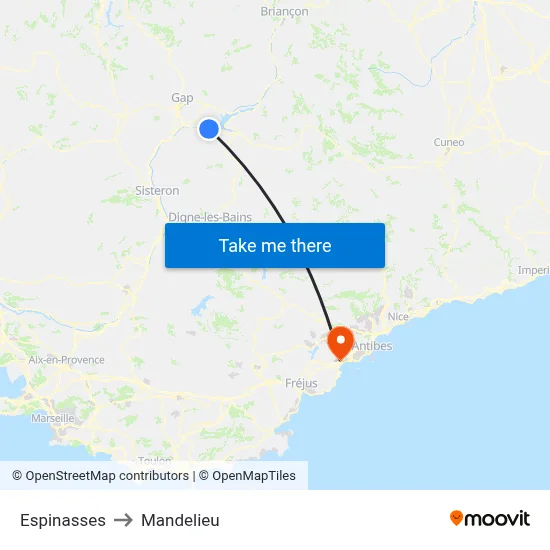 Espinasses to Mandelieu map