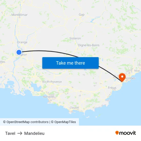 Tavel to Mandelieu map